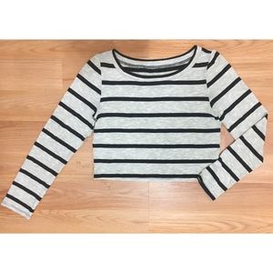 Heather Grey and Black Stripe LS Cropped Tee Shirt